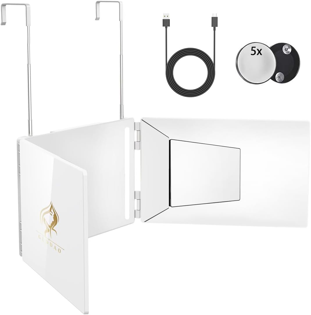 LED 3 Way Mirror to See Back of Head 360 Mirror for Women for Braiding Hair Telescoping Hooks Anti-Fog HD Glass Three Way for Self Hair Cutting Makeup Trifold